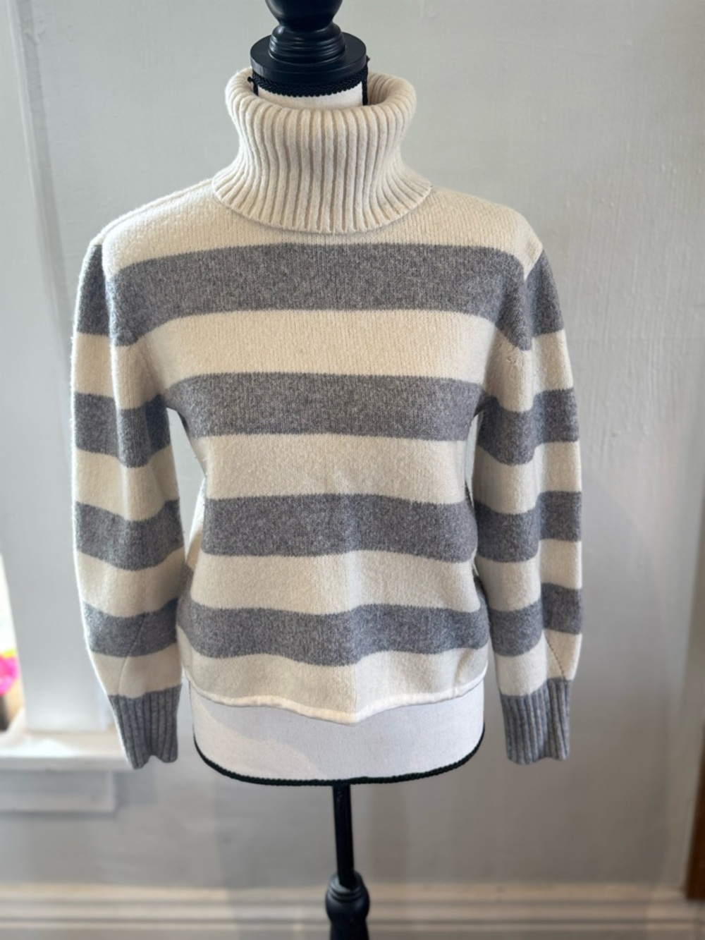 Calvin Klein Cream & Gray Striped Turtleneck Sweater